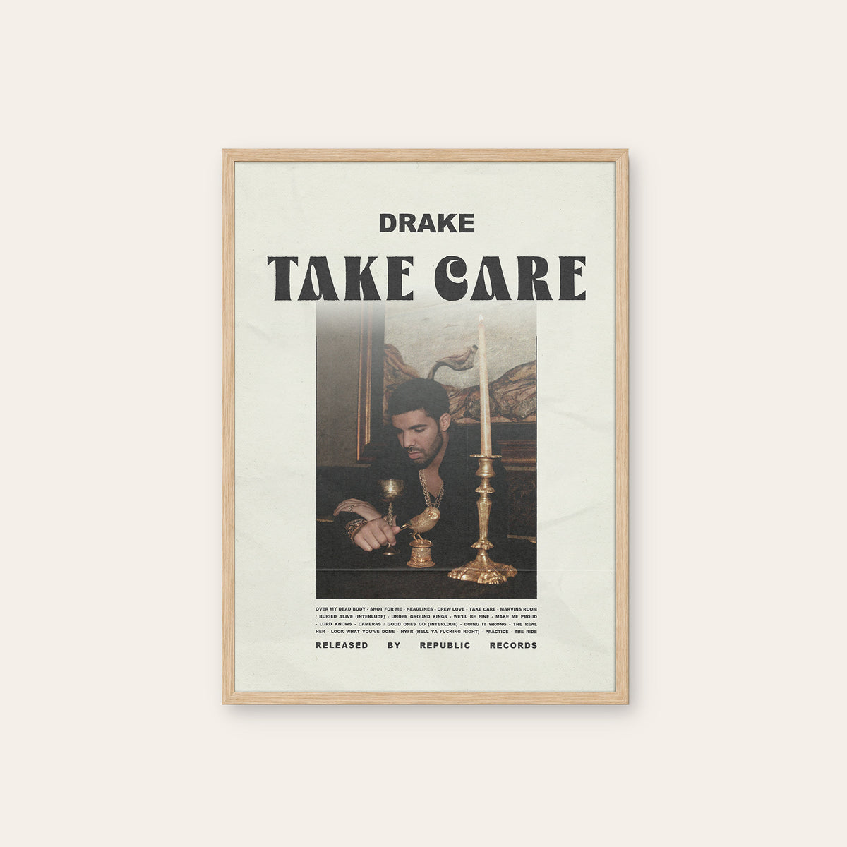 Drake Take Care album poster — natural wood frame