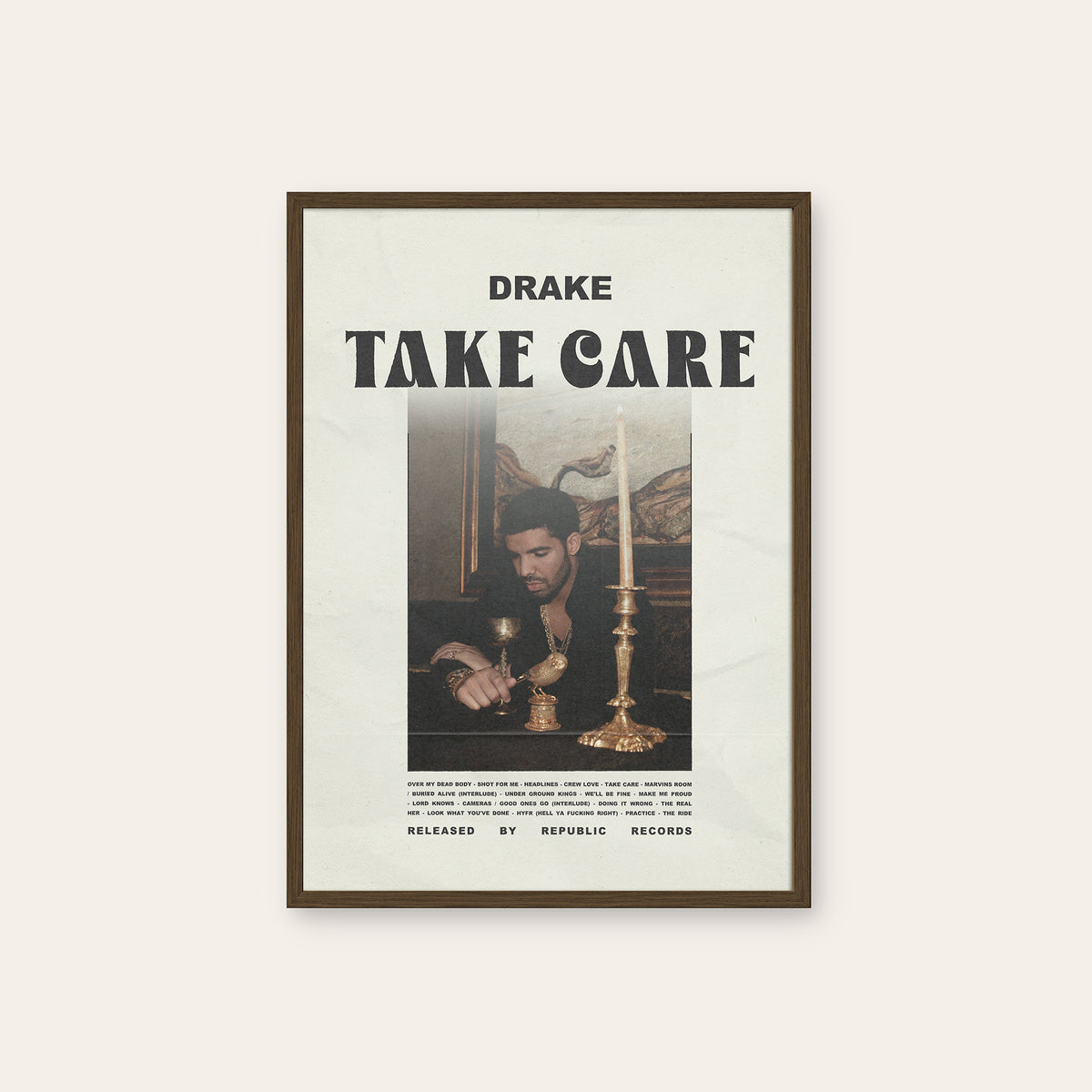 Drake Take Care album poster — dark wood frame