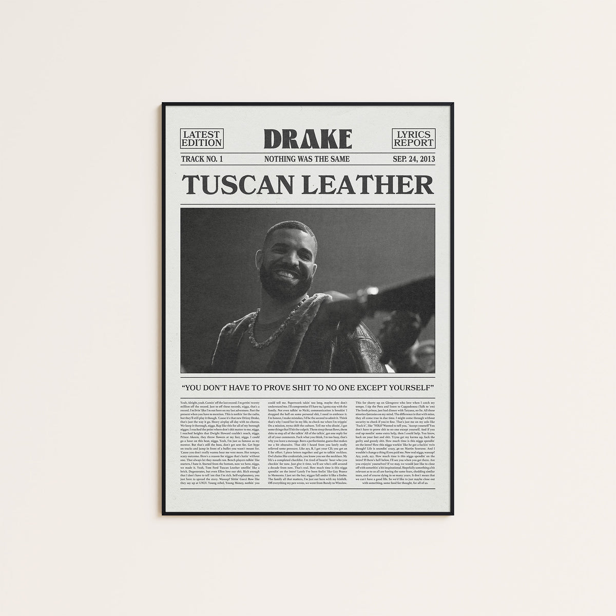 Drake Tuscan Leather newspaper poster — black frame display