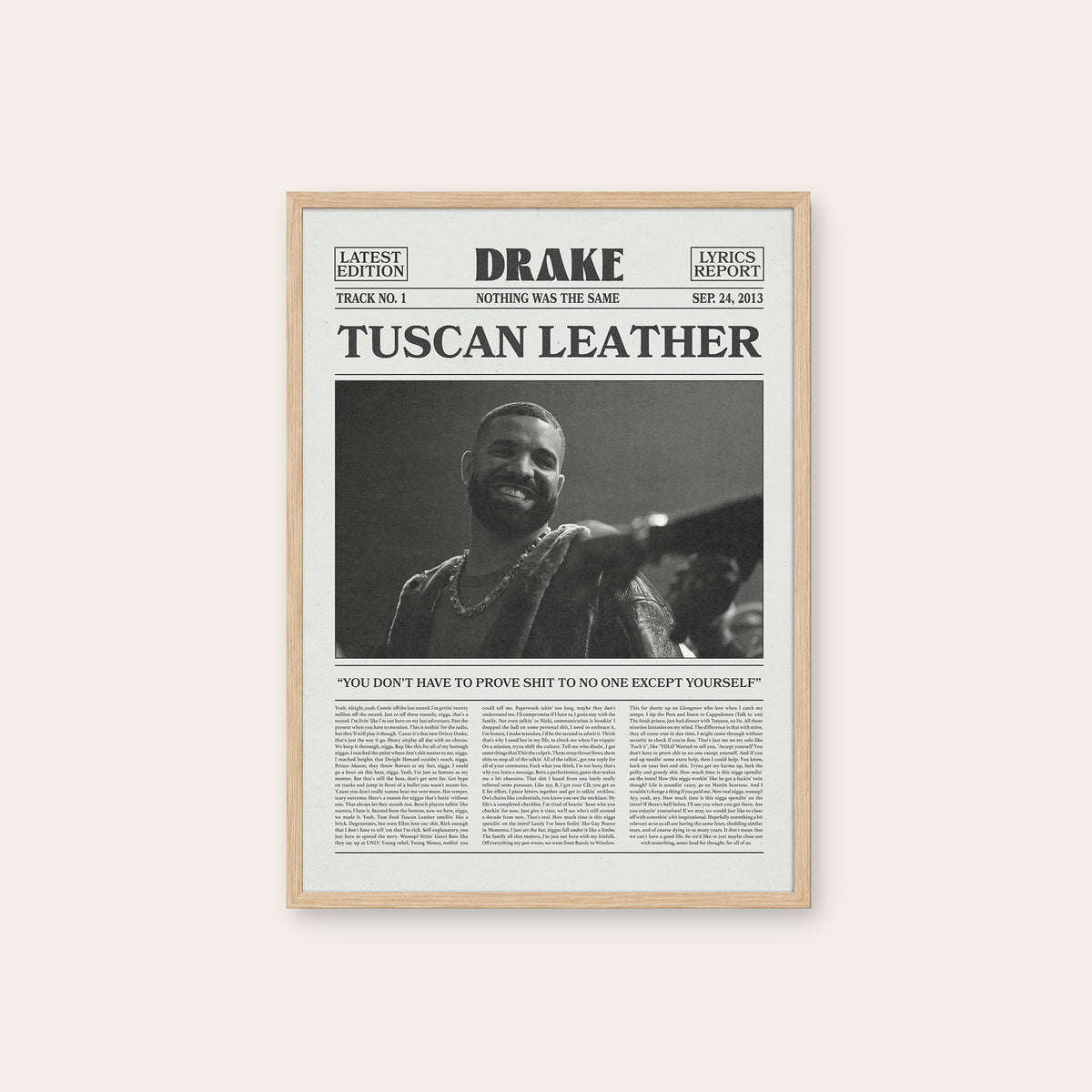 Drake Tuscan Leather newspaper poster — natural wood frame