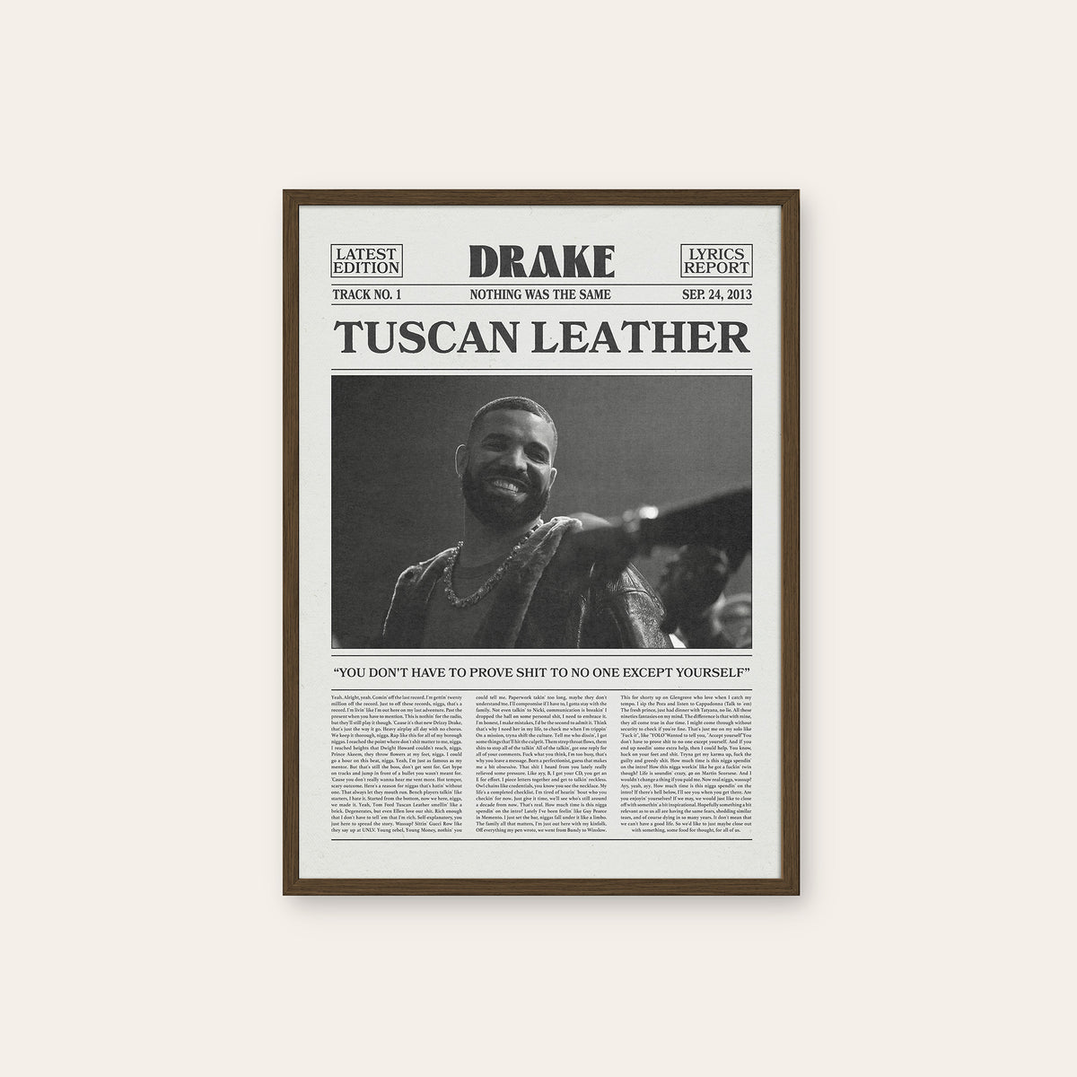 Drake Tuscan Leather newspaper poster — dark wood frame