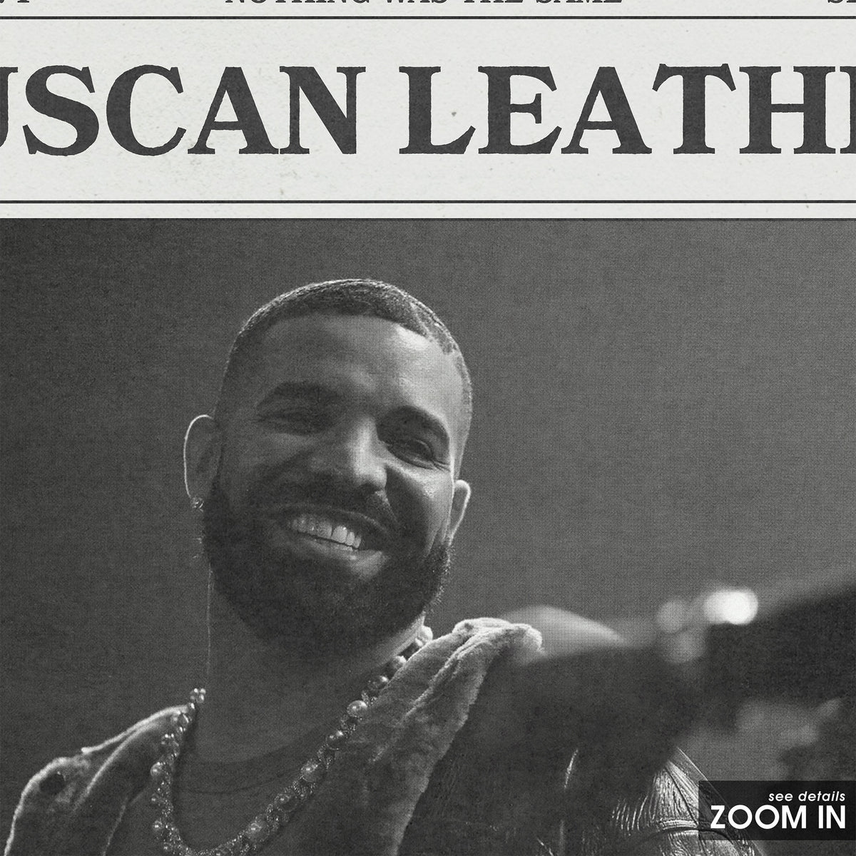 Drake Tuscan Leather newspaper poster — close-up detail