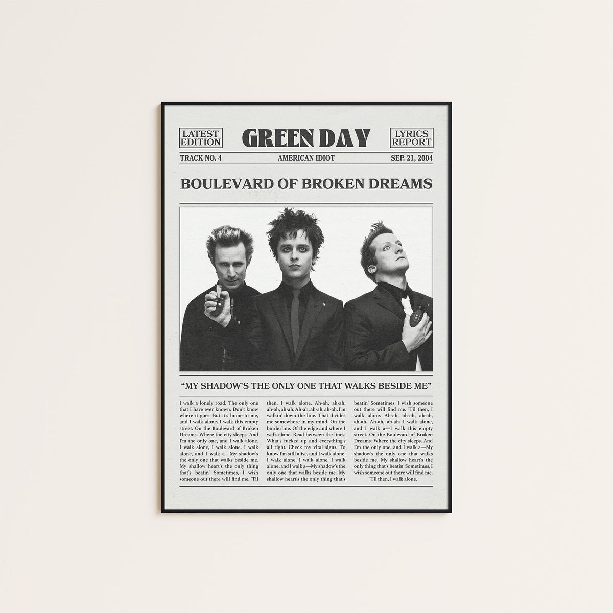 Green Day Boulevard of Broken Dreams newspaper poster — black frame display