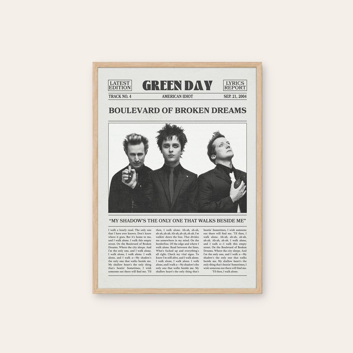 Green Day Boulevard of Broken Dreams newspaper poster — natural wood frame