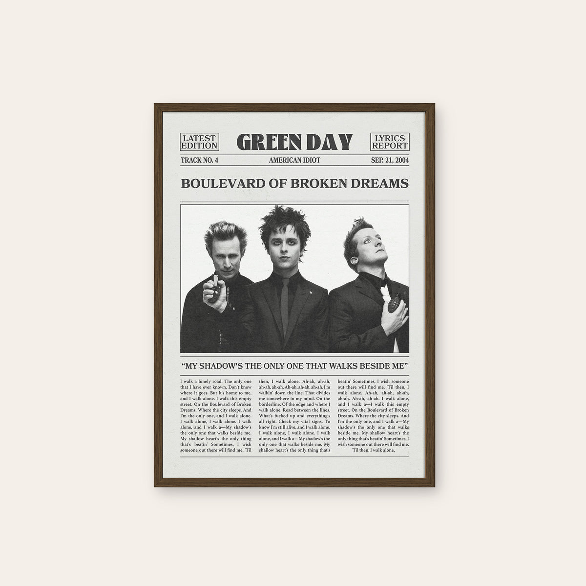 Green Day Boulevard of Broken Dreams newspaper poster — dark wood frame