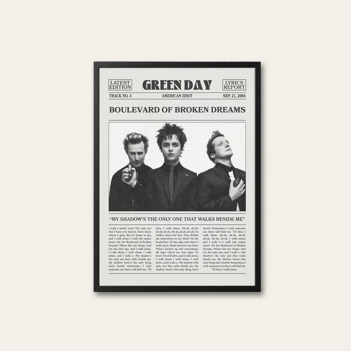 Green Day Boulevard of Broken Dreams newspaper poster — black frame