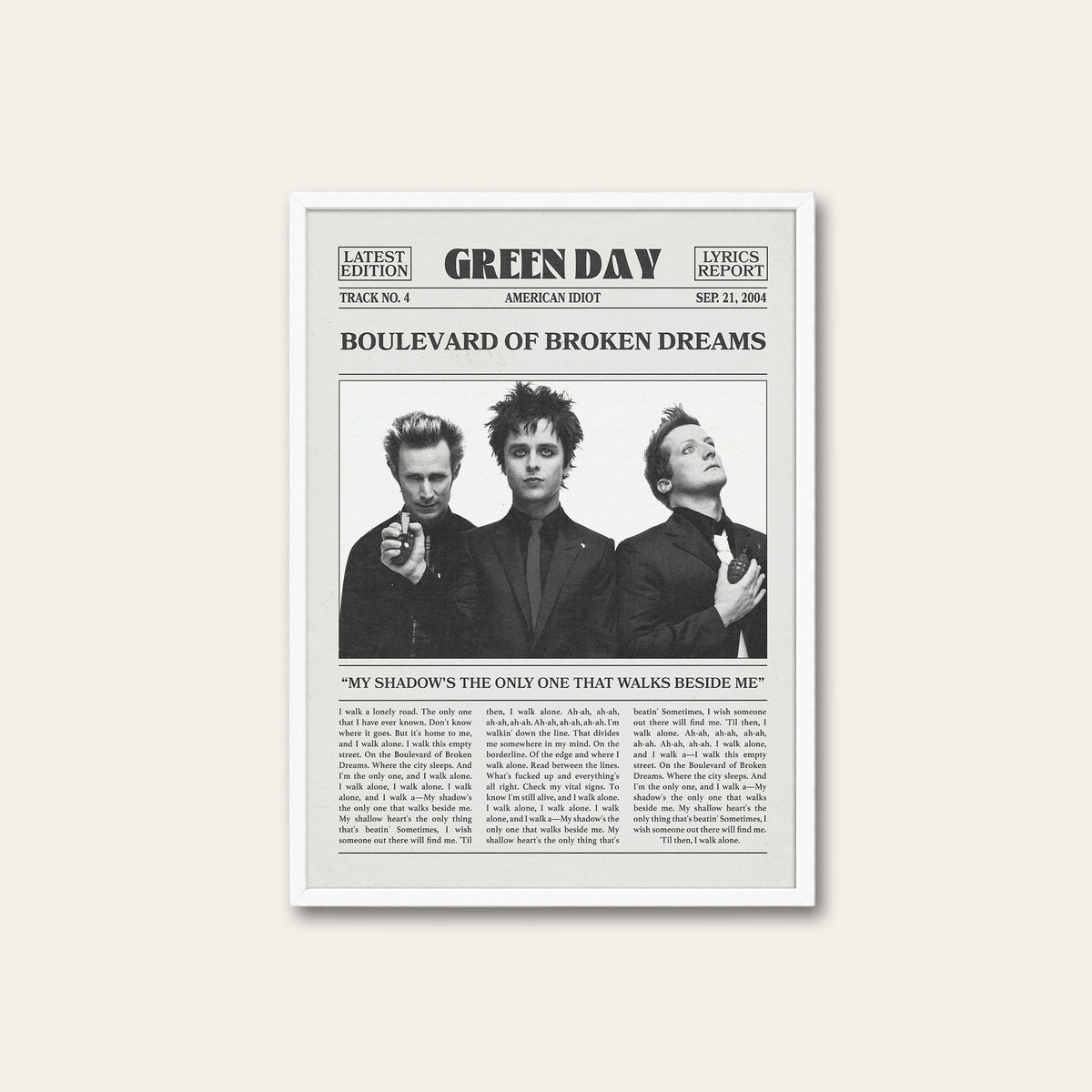 Green Day Boulevard of Broken Dreams newspaper poster — white frame