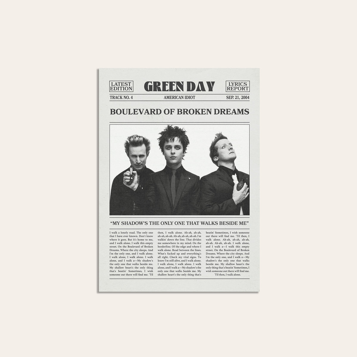 Green Day Boulevard of Broken Dreams newspaper poster — unframed print