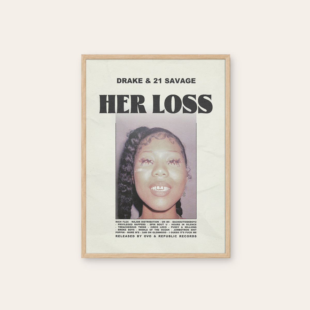 Drake & 21 Savage Her Loss album poster — natural wood frame