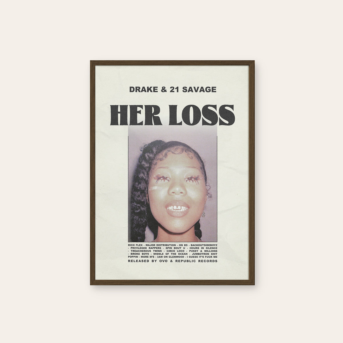 Drake & 21 Savage Her Loss album poster — dark wood frame