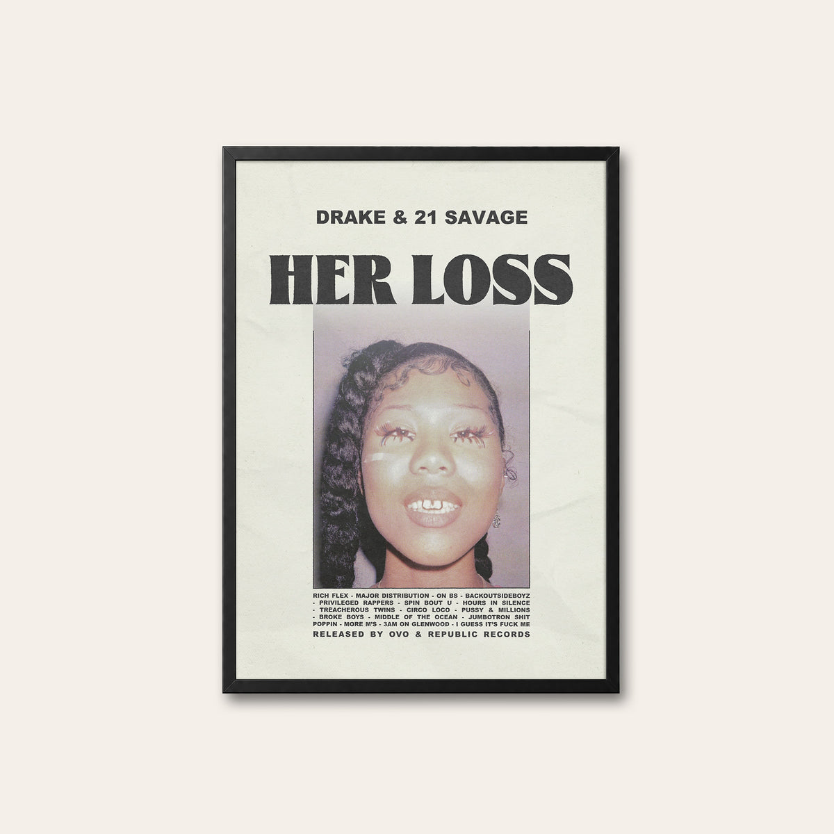 Drake & 21 Savage Her Loss album poster — black frame