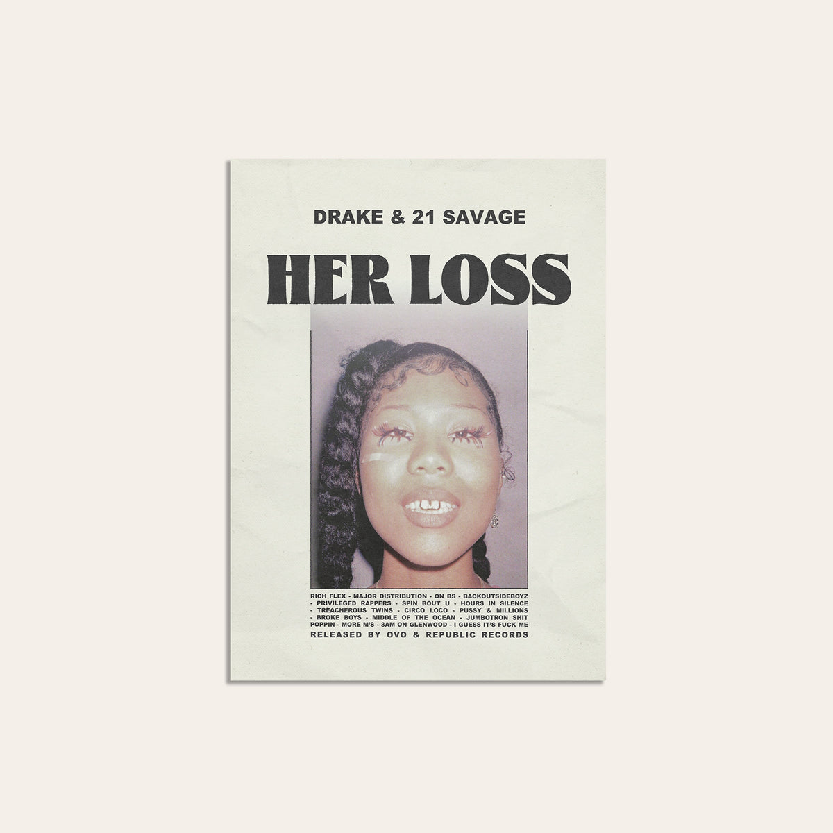 Drake & 21 Savage Her Loss album poster — unframed print