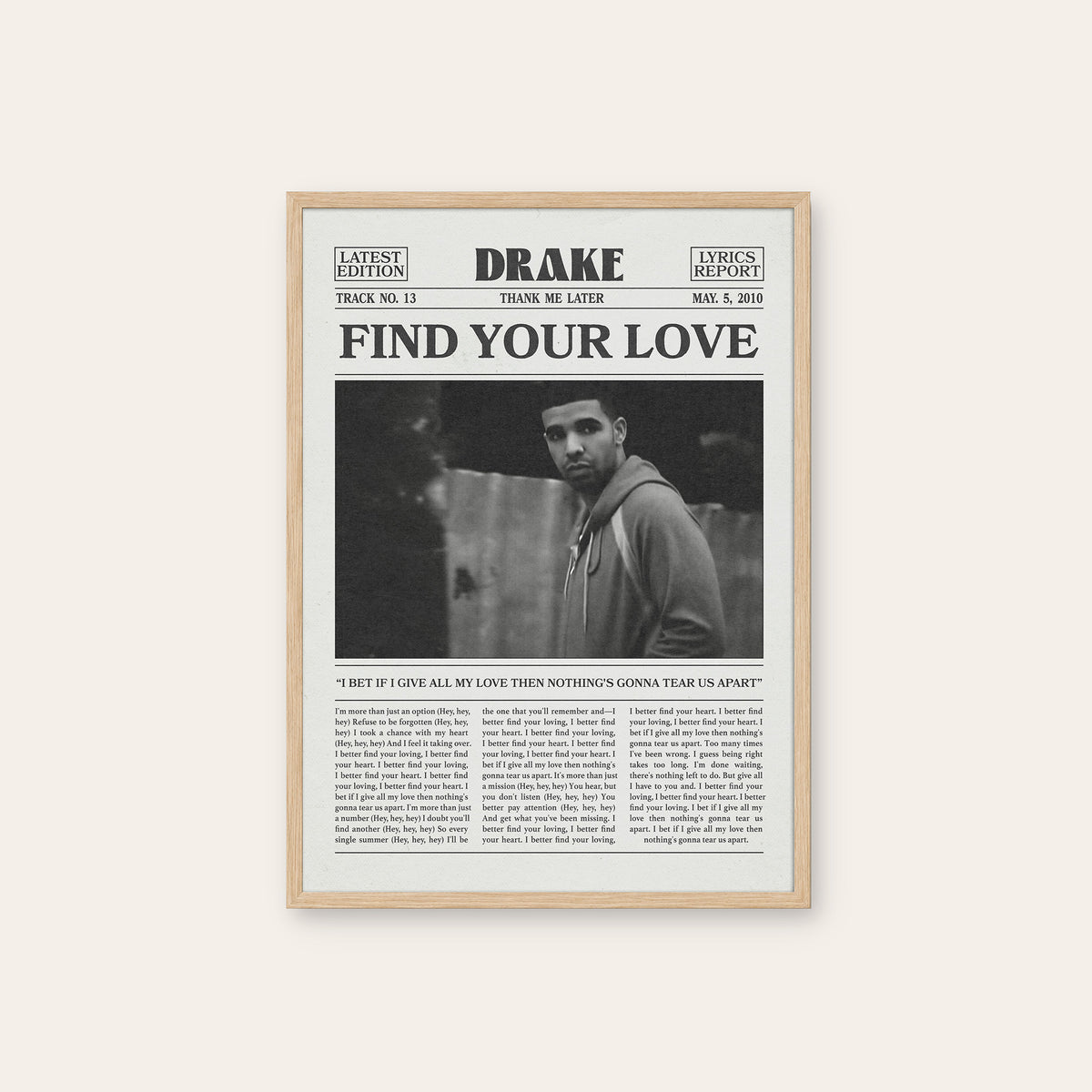 Drake Find Your Love newspaper poster — natural wood frame