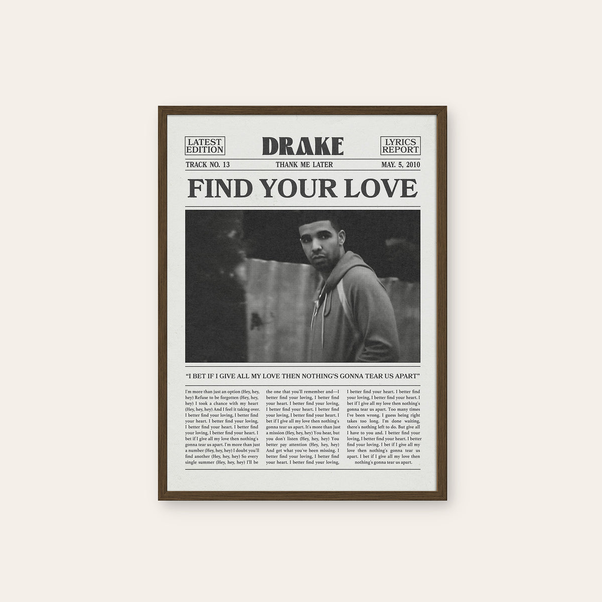 Drake Find Your Love newspaper poster — dark wood frame