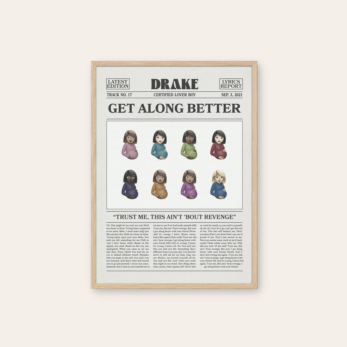 Drake Get Along Better newspaper poster — natural wood frame