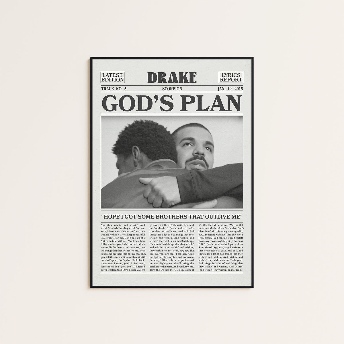 Drake God's Plan newspaper poster — black frame display