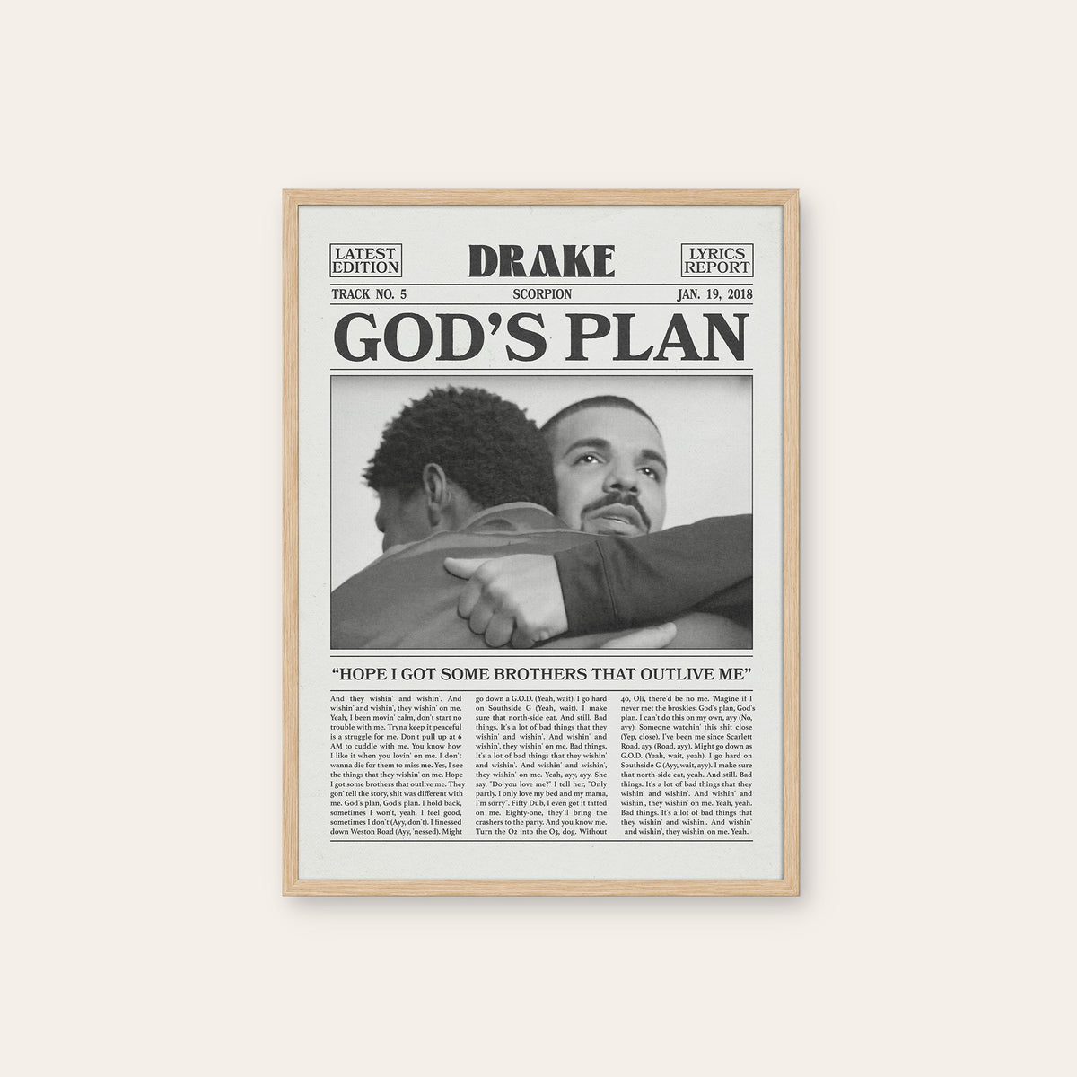 Drake God's Plan newspaper poster — natural wood frame