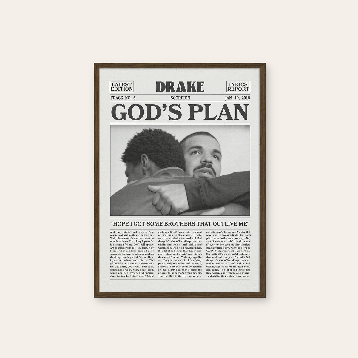 Drake God's Plan newspaper poster — dark wood frame