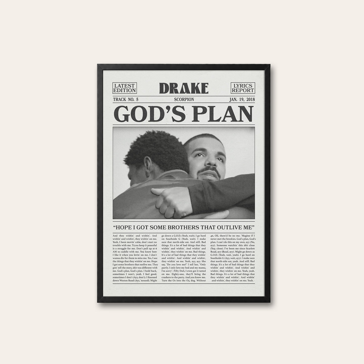 Drake God's Plan newspaper poster — black frame