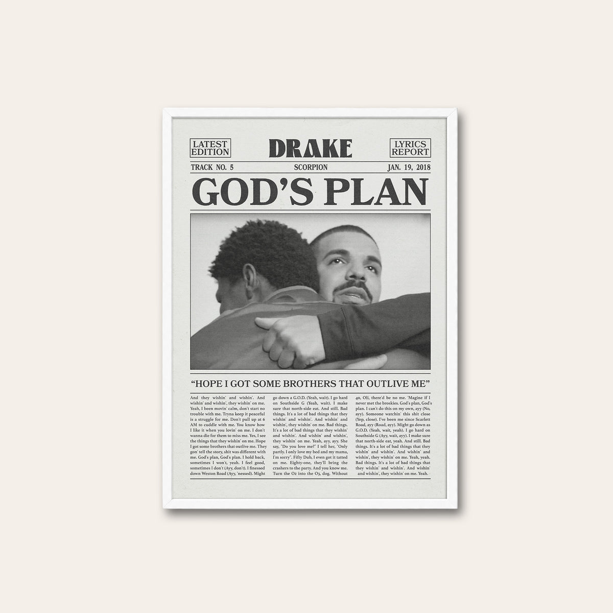 Drake God's Plan newspaper poster — white frame