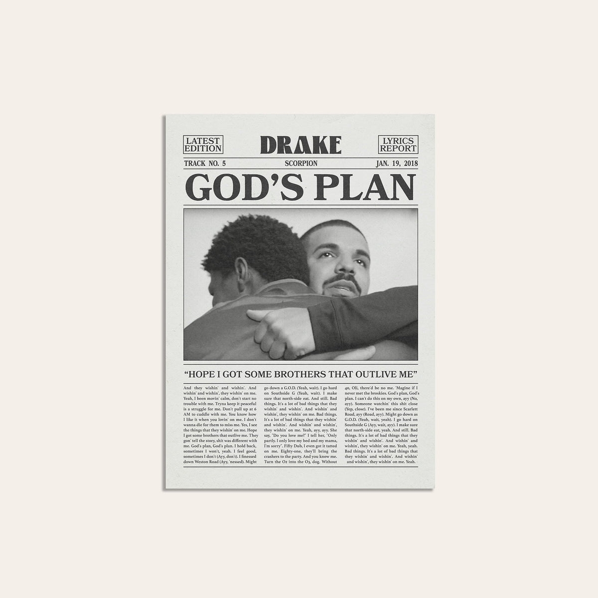 Drake God's Plan newspaper poster — unframed print