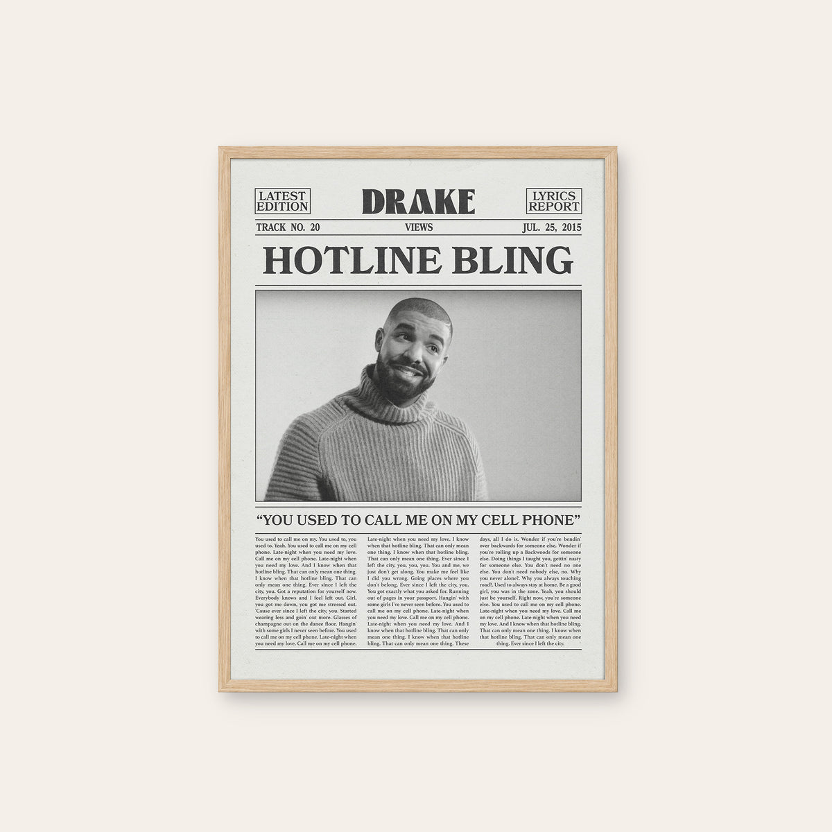 Drake Hotline Bling newspaper poster — natural wood frame