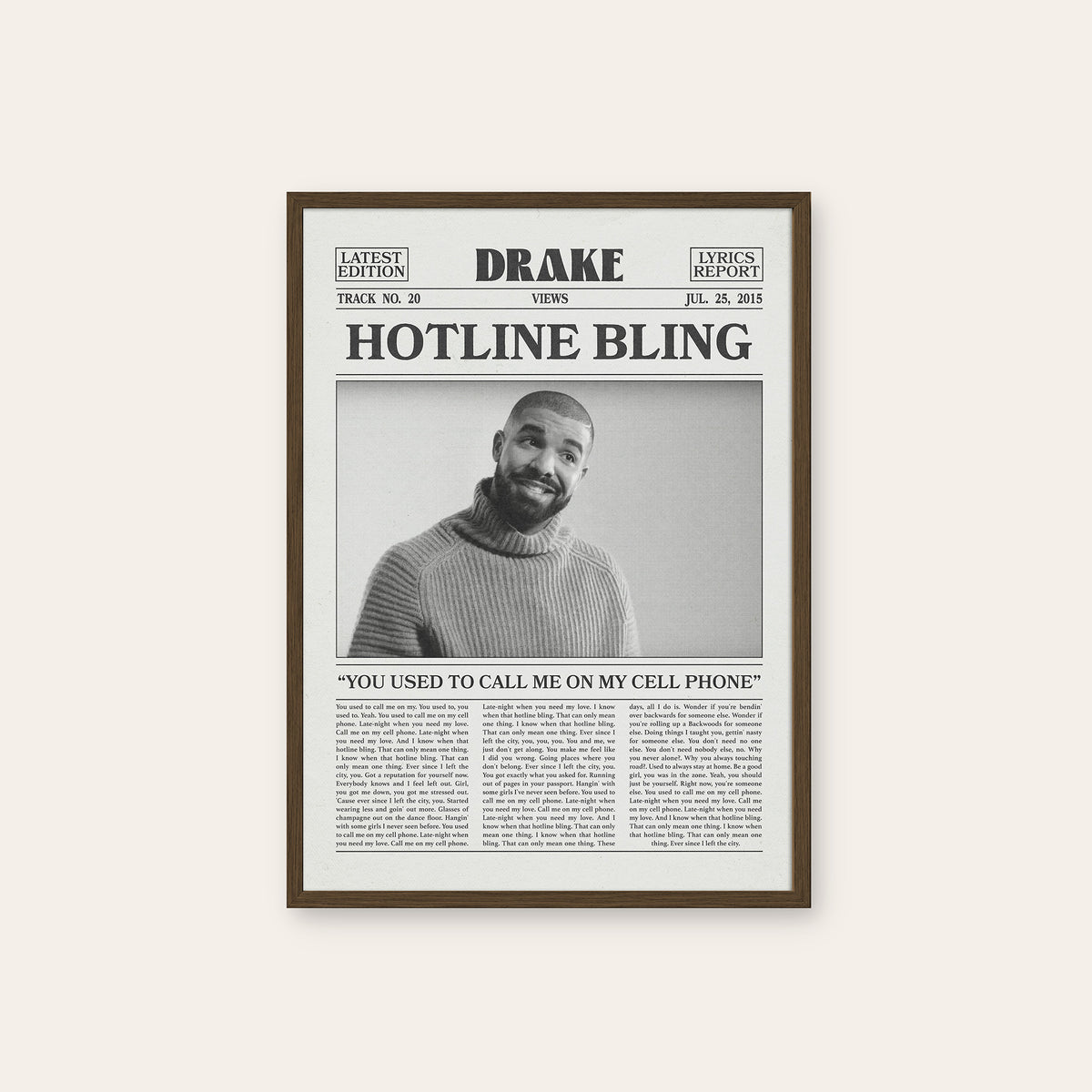 Drake Hotline Bling newspaper poster — dark wood frame