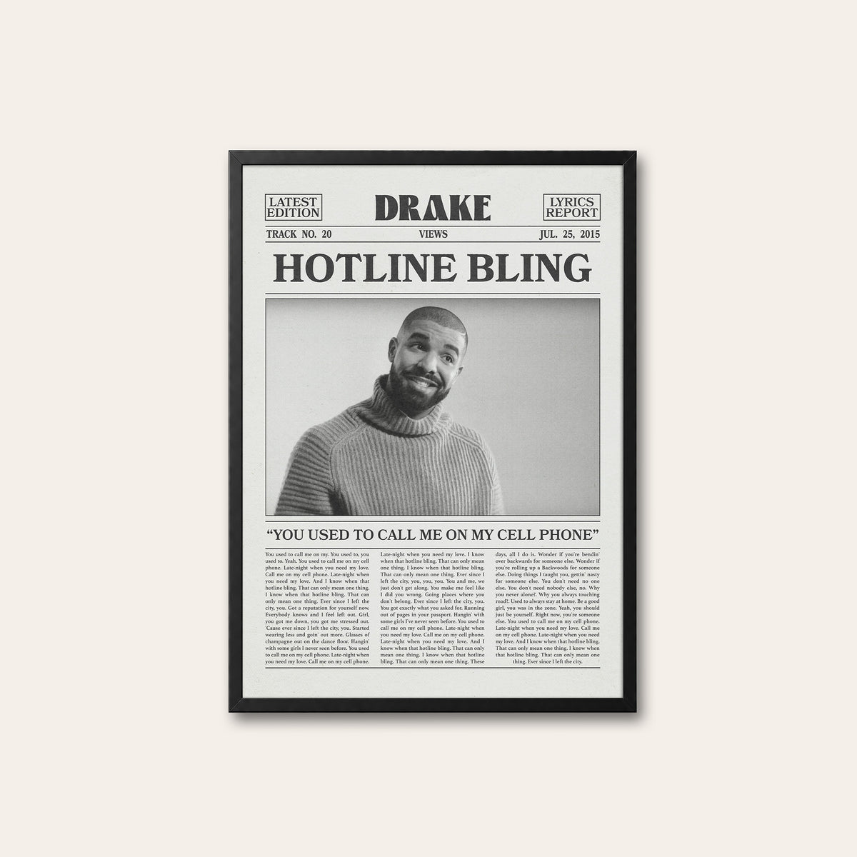 Drake Hotline Bling newspaper poster — black frame