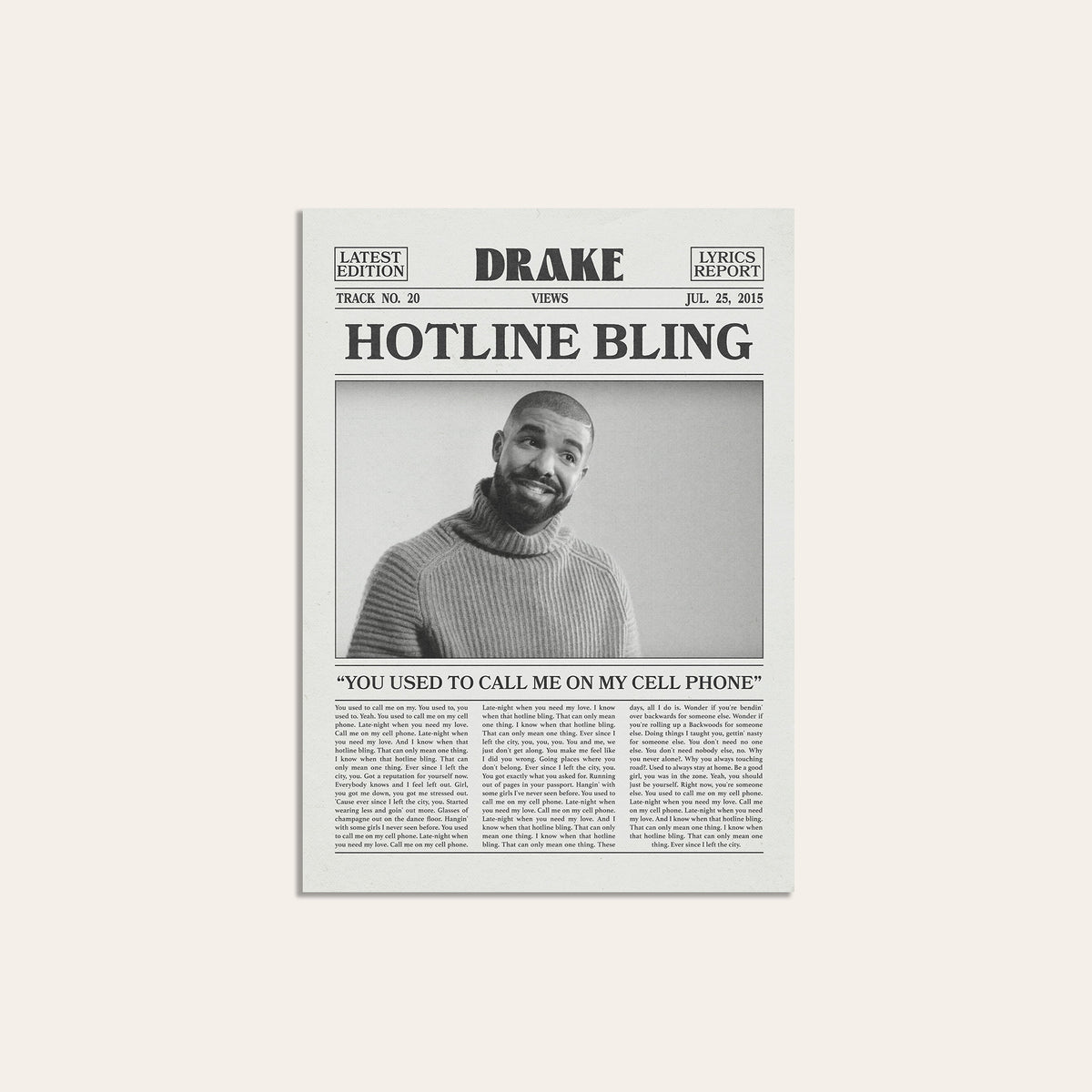 Drake Hotline Bling newspaper poster — unframed print