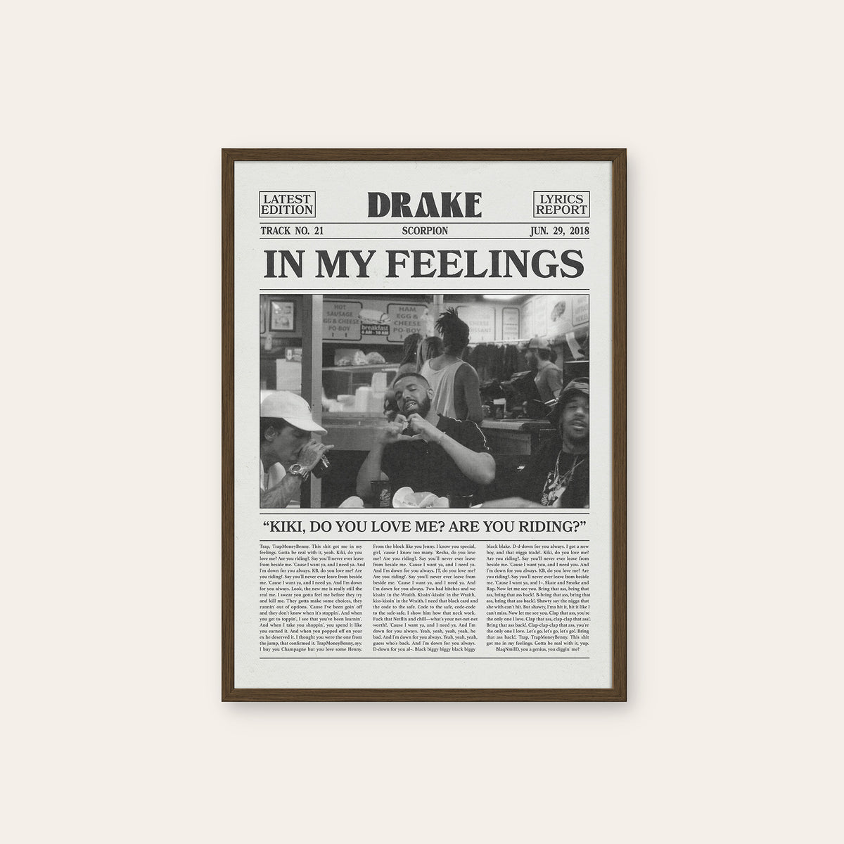 Drake In My Feelings newspaper poster — dark wood frame
