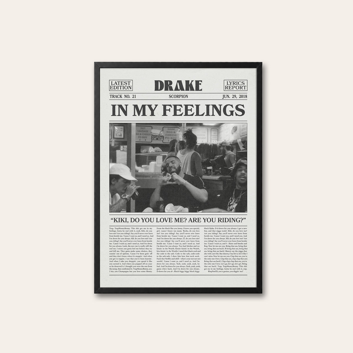 Drake In My Feelings newspaper poster — black frame