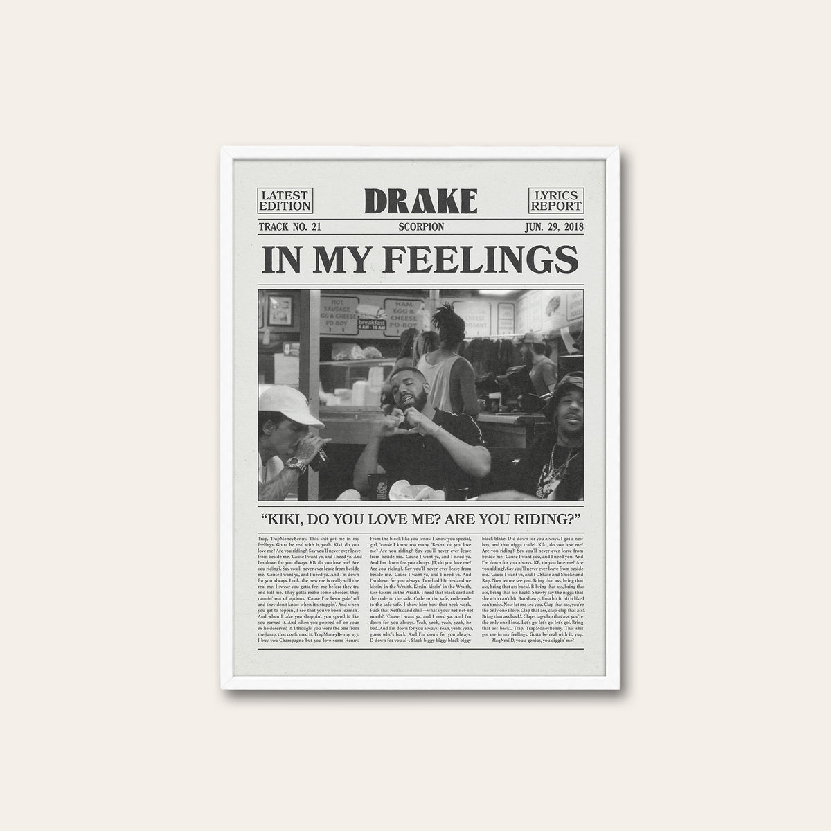 Drake In My Feelings newspaper poster — white frame