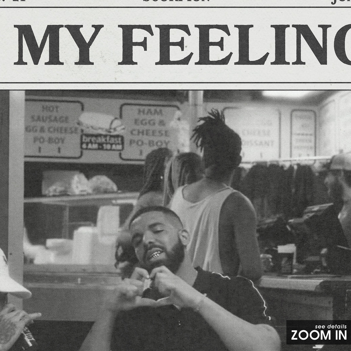 Drake In My Feelings newspaper poster — close-up detail