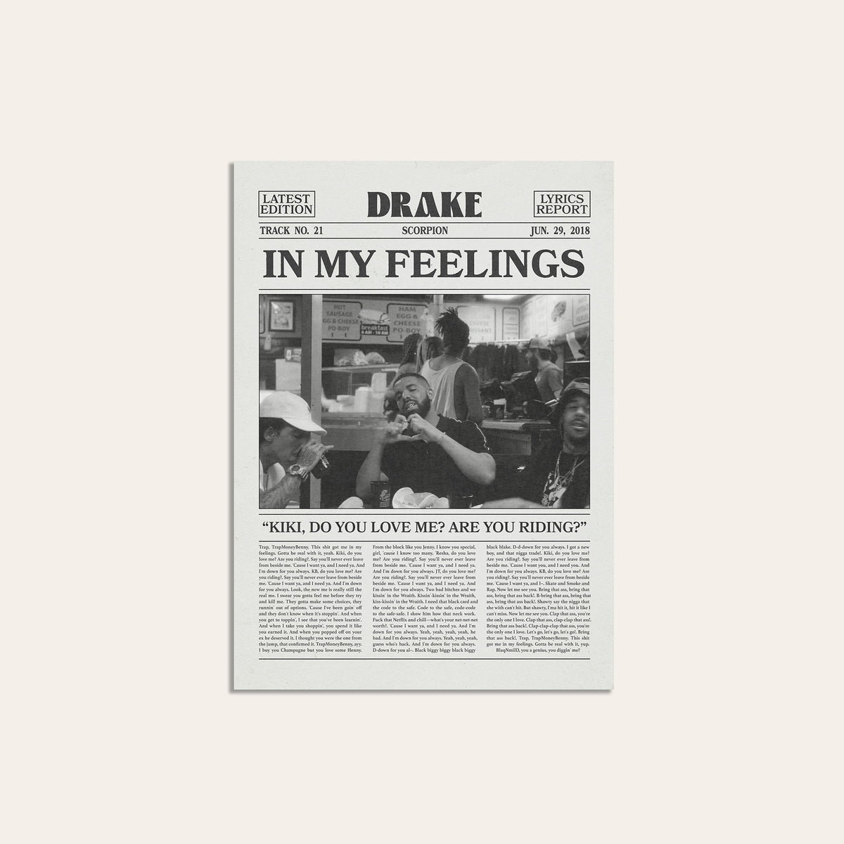 Drake In My Feelings newspaper poster — unframed print