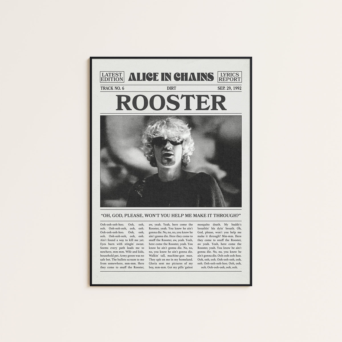 Alice in Chains Rooster newspaper poster — black frame display