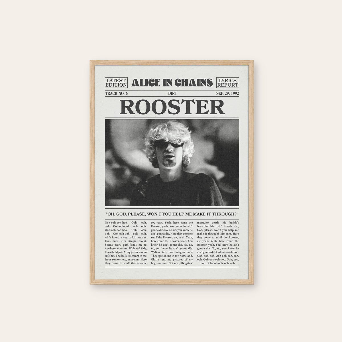 Alice in Chains Rooster newspaper poster — natural wood frame