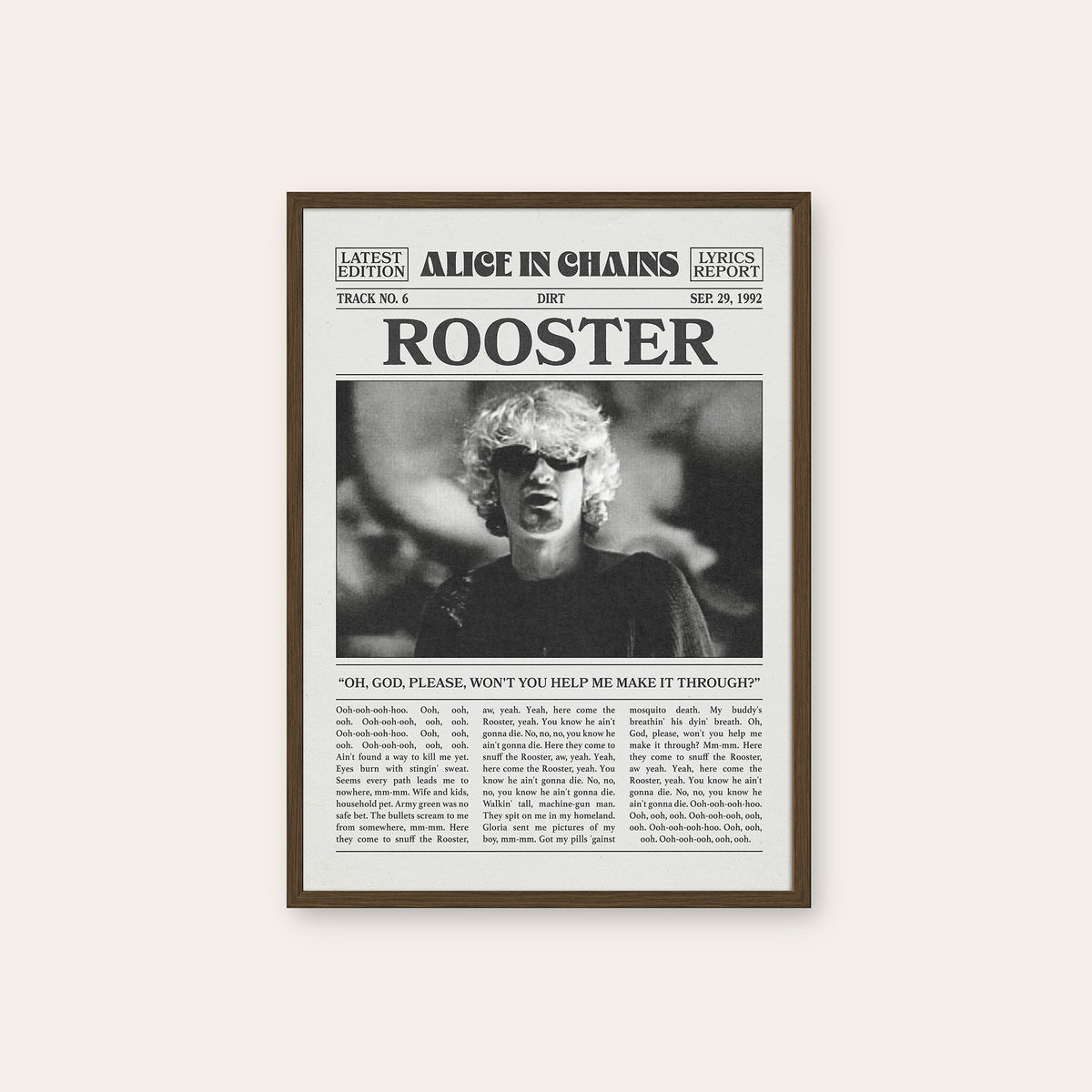 Alice in Chains Rooster newspaper poster — dark wood frame