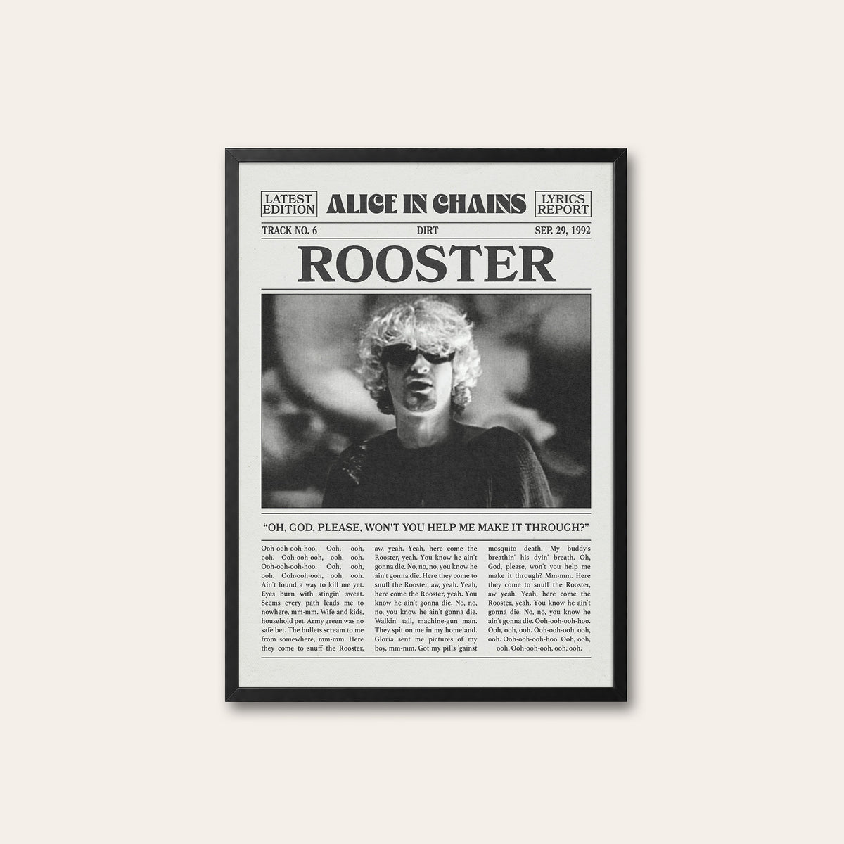 Alice in Chains Rooster newspaper poster — black frame