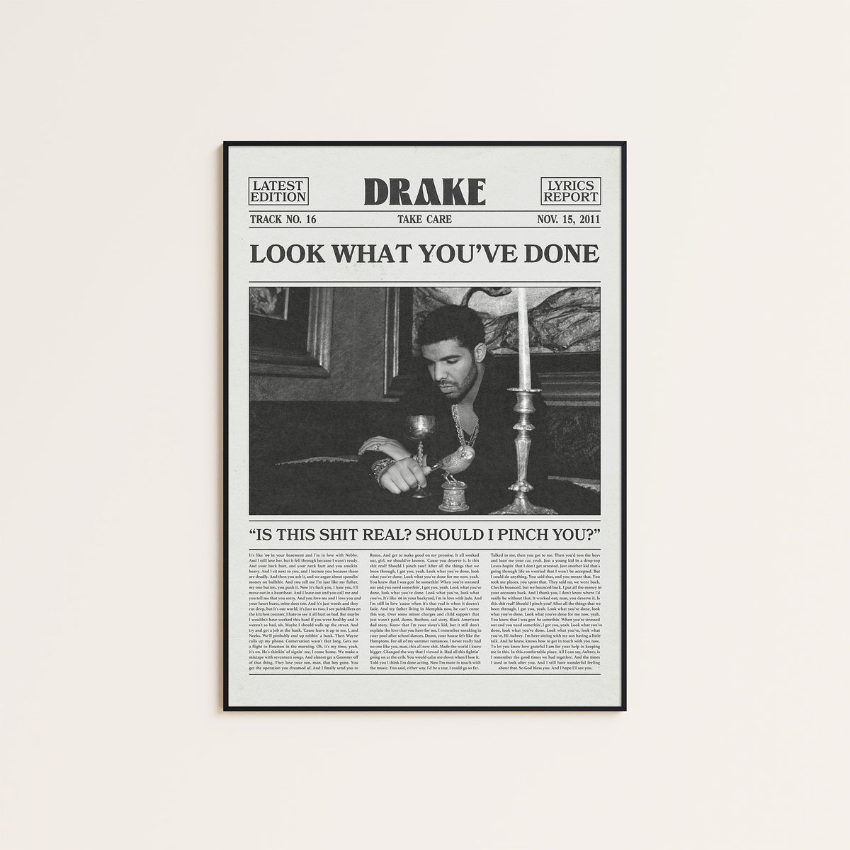 Drake Look What You've Done newspaper poster — black frame display