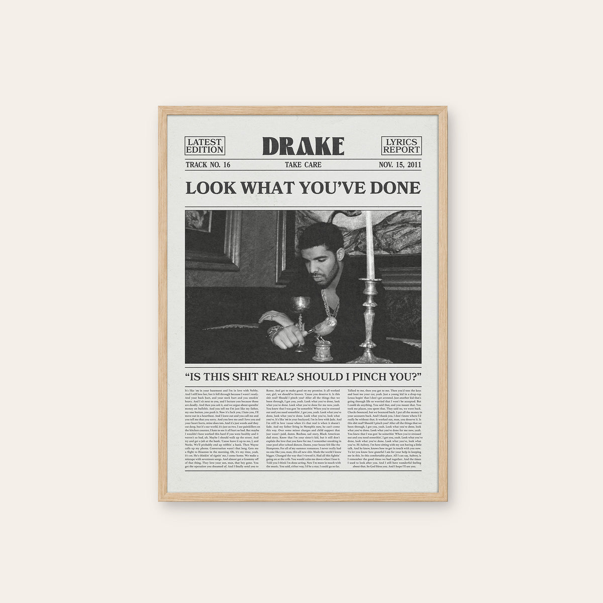Drake Look What You've Done newspaper poster — natural wood frame