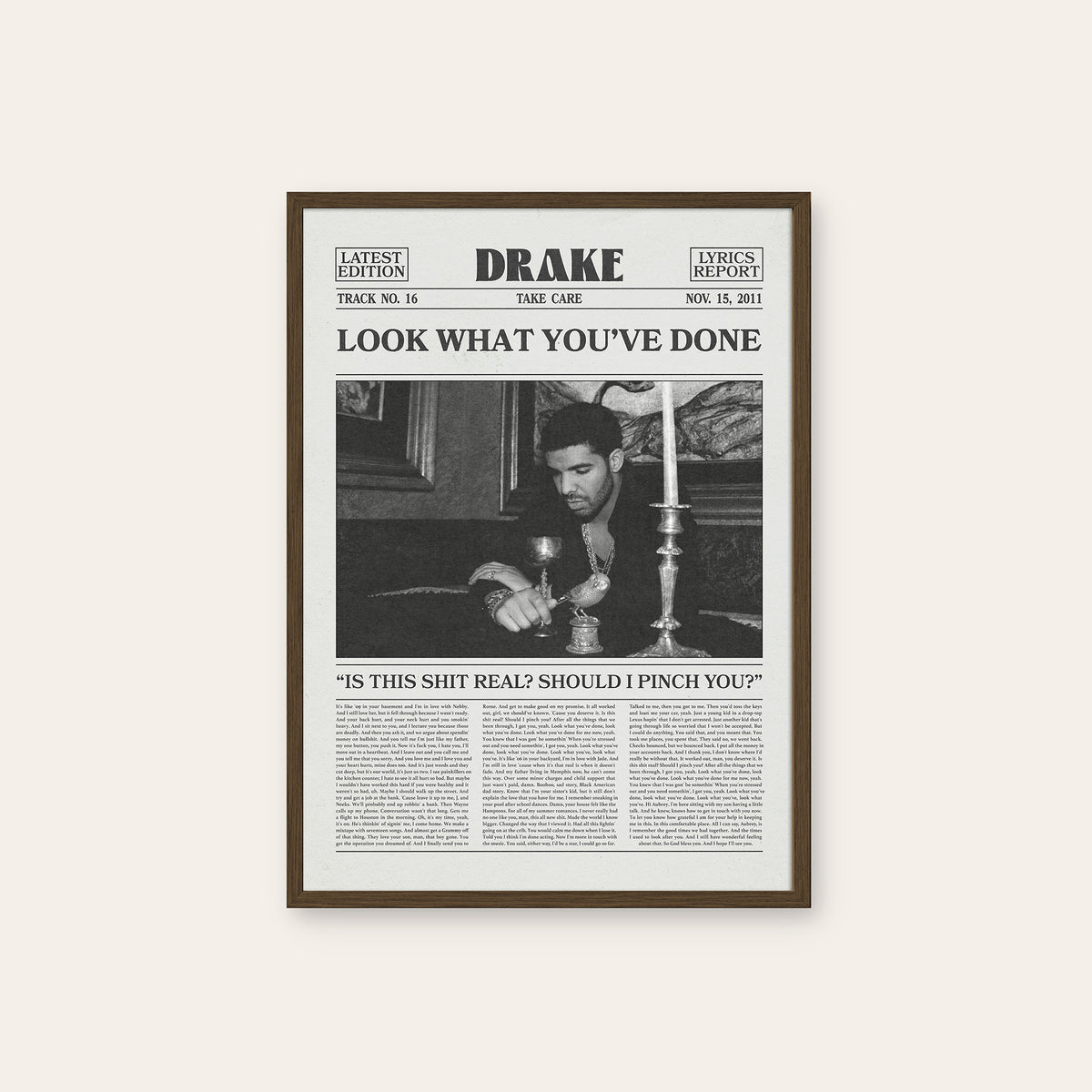 Drake Look What You've Done newspaper poster — dark wood frame