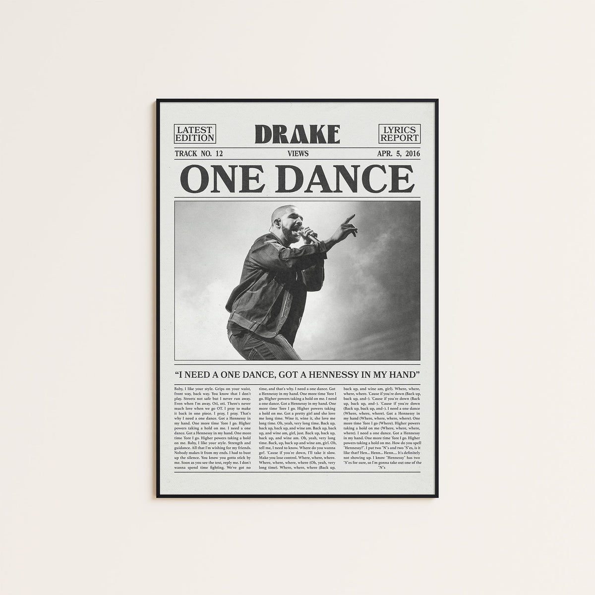 Drake One Dance newspaper poster — black frame display