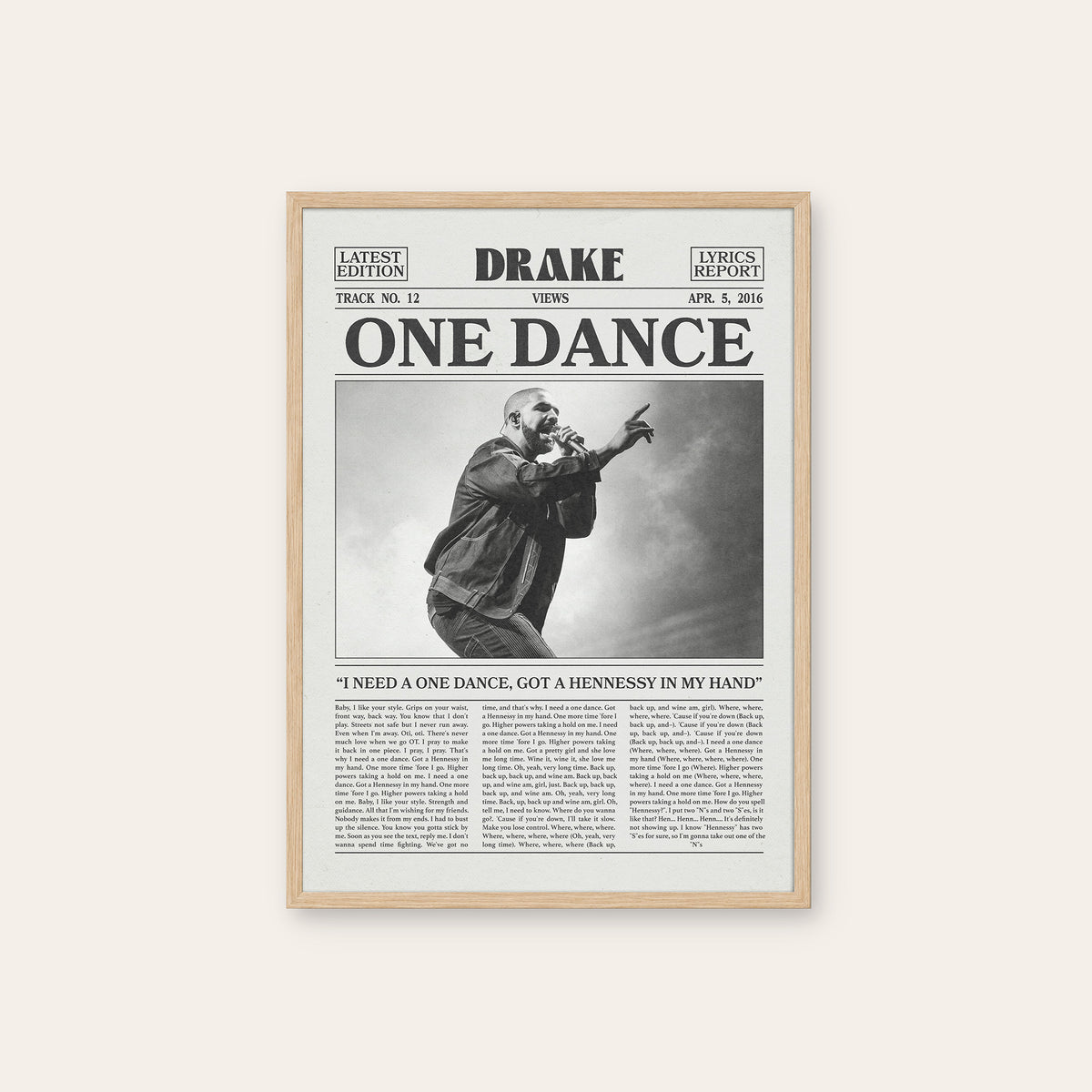 Drake One Dance newspaper poster — natural wood frame