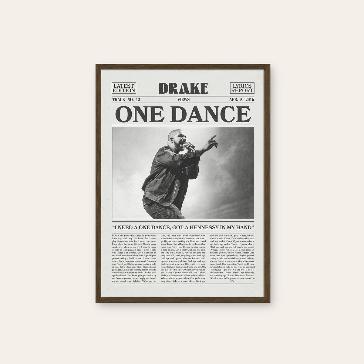 Drake One Dance newspaper poster — dark wood frame