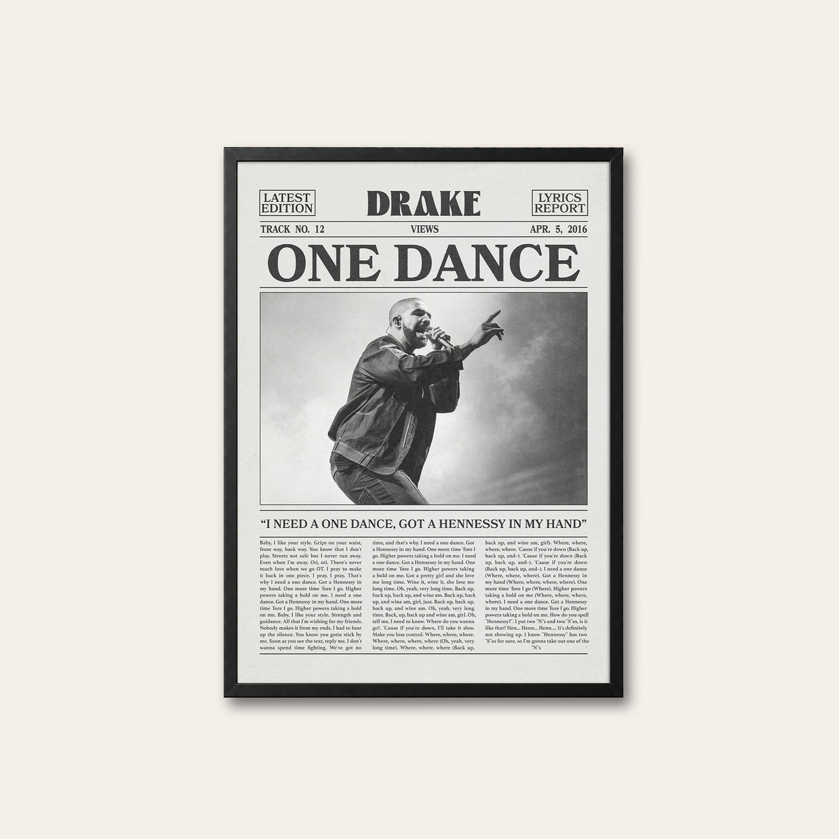 Drake One Dance newspaper poster — black frame
