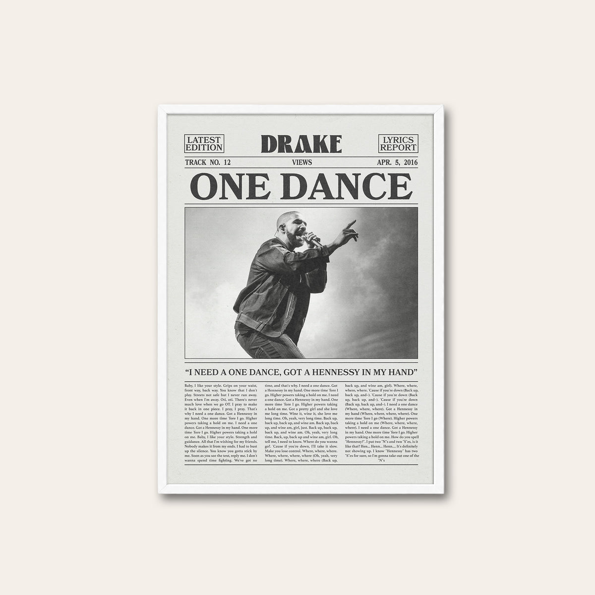 Drake One Dance newspaper poster — white frame