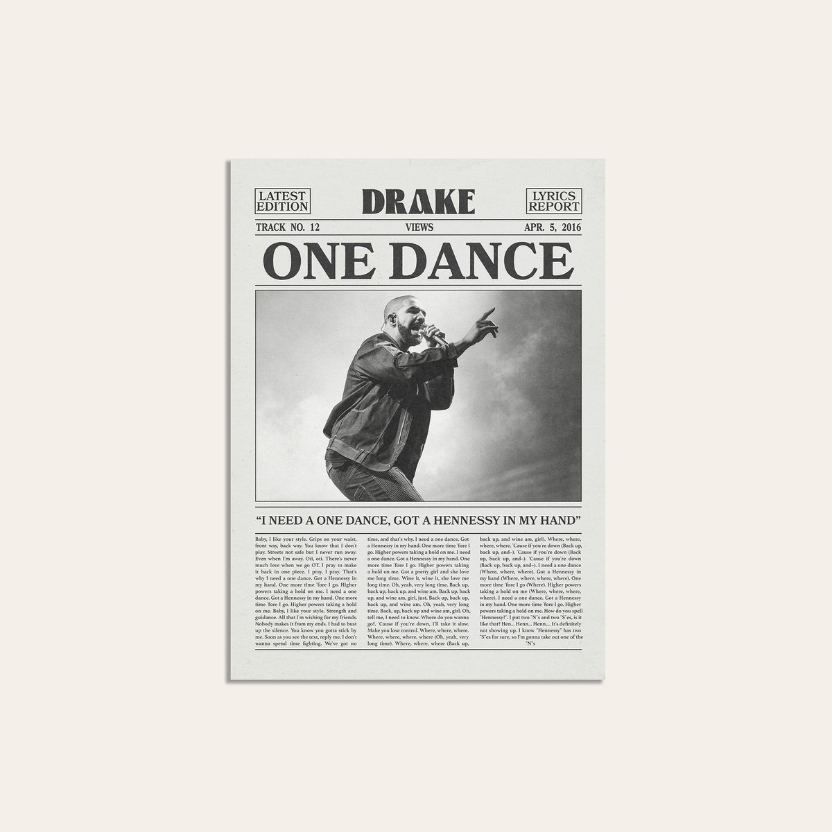 Drake One Dance newspaper poster — unframed print