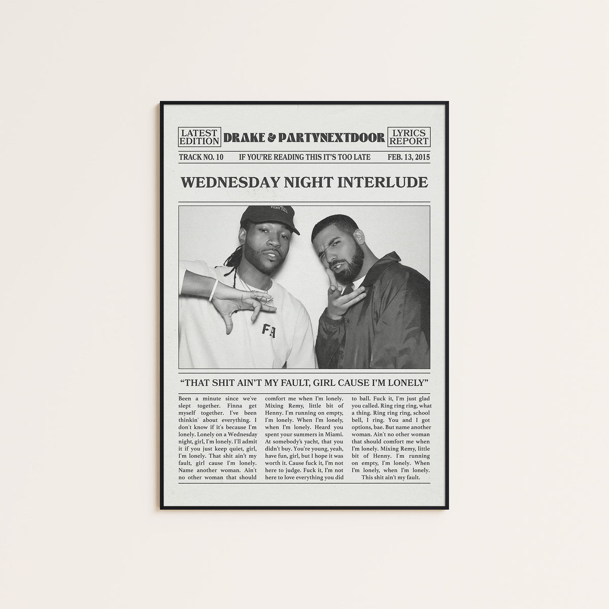 Drake & PARTYNEXTDOOR Wednesday Night Interlude newspaper poster — black frame display
