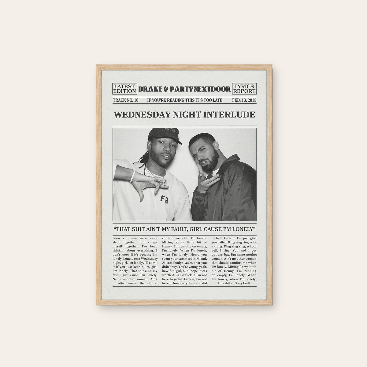Drake & PARTYNEXTDOOR Wednesday Night Interlude newspaper poster — natural wood frame