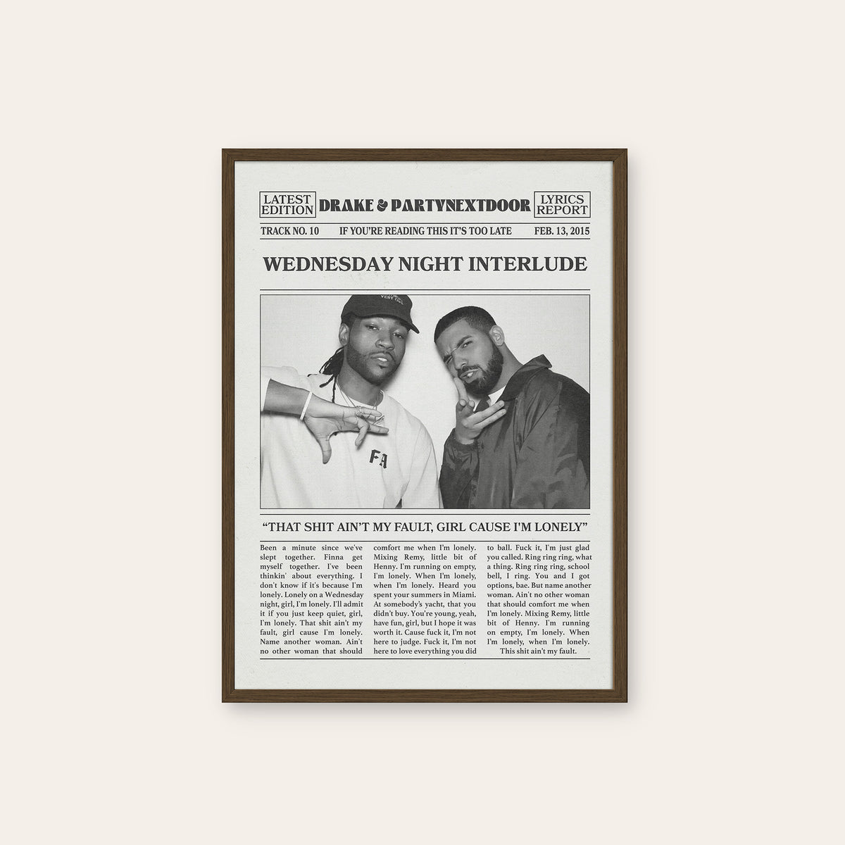 Drake & PARTYNEXTDOOR Wednesday Night Interlude newspaper poster — dark wood frame